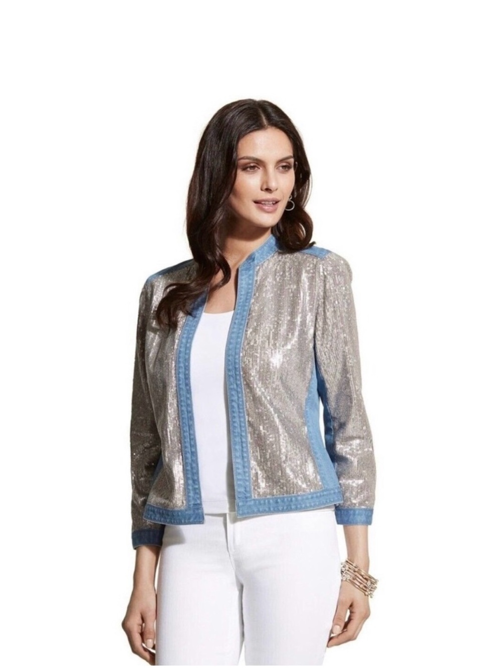 Chico’s Women’s Silver Sequin Trim Light Blue Denim Jacket